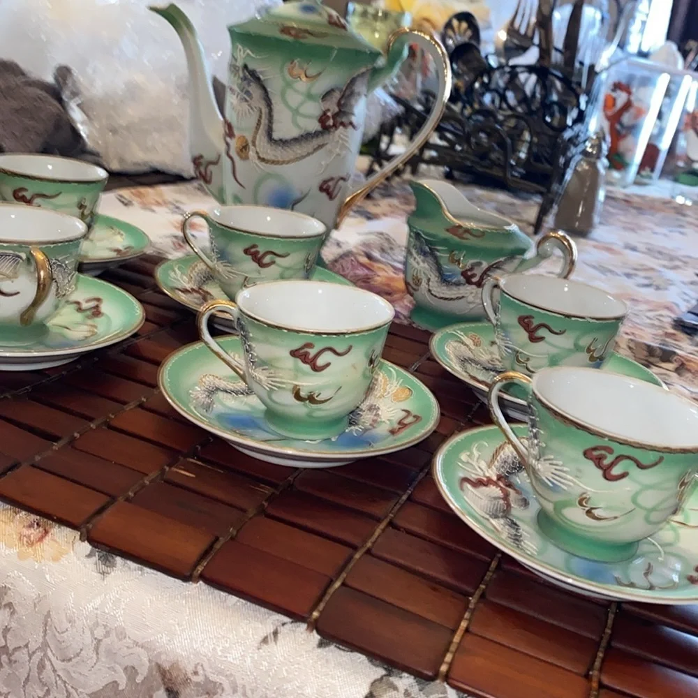 Vintage Dragonware Tea Set JB Betsons Green Hand Painted Moriage 14 pc set Japan